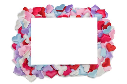 Many satin colorful hearts border frame background. St Valentines Day. Congratulations card on Valentine Day