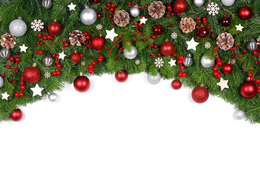 Christmas New year decoration frame isolated on white , fir tree branches , red and silver baubles and pine cones , copy space for text