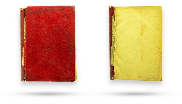 Red leather cover old vintage book and blank page. Isolate and clipping path on white background.