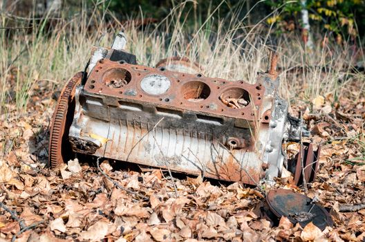 old rusty broken car engine on yellow leaves in Chernobyl