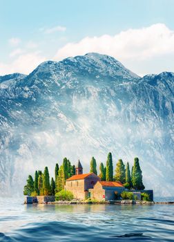 Beautiful mediterranean landscape. St. George Island near town Perast, Kotor bay, Montenegro