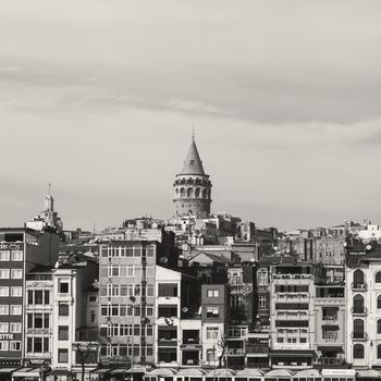 Galata tower from Bosphorus Istanbul skyline with blue sky