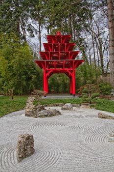 very beautiful Zen garden at the Botanical Garden of Geneva in Switzerland and trees