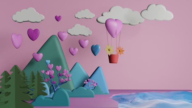 Heart shape balloon floating over forest with group of heart levitate over mountain and pink background. 3D rendering.