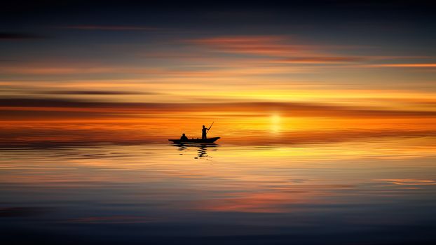 In images Two men fishing in a boat in lake during sunset. Geographical location: Europe