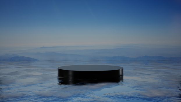 A black pedestal on the sea surface. Mountains in the fog in the background. 3D illustration. Empty space for your products