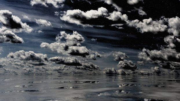 Clouds and sea in the fog. Dramatic background of blue hue. 3D illustration