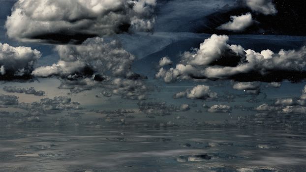 Clouds and sea in the fog. Dramatic background of blue hue. 3D illustration