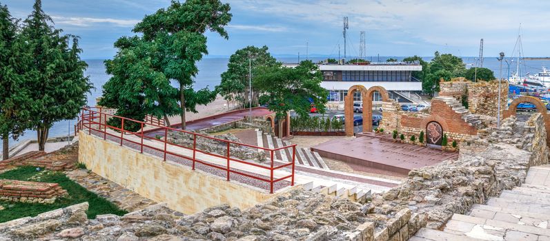 Nessebar, Bulgaria – 07.11.2019.  Ruins of Ancient theatre in the old town of Nessebar, Bulgaria, on a cloudy summer morning