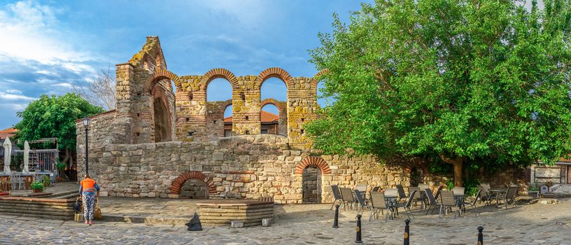 Nessebar, Bulgaria – 07.11.2019.  Ruins of the Saint Sophia Metropolitan church in the old town of Nessebar, Bulgaria, on a cloudy summer morning