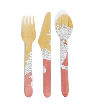 Eco friendly wooden cutlery - Plastic free concept - Isolated - Flag of Bhutan