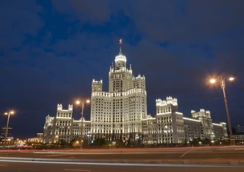 Moscow Russia City View on Stalin's High Building at night.