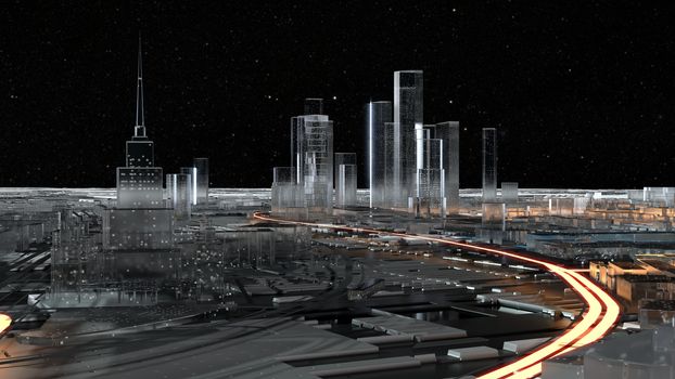 Abstract 3D city of glass with luminous roads on the surface imitating a spaceship. 3D illustration. The concept of a future city. Element of this image furnished by NASA