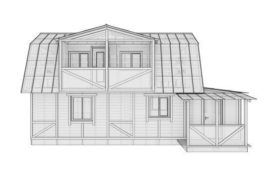 3D illustration of a small frame house. Isolated on a white background