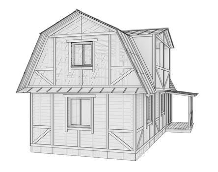 3D illustration of a small frame house. Isolated on a white background