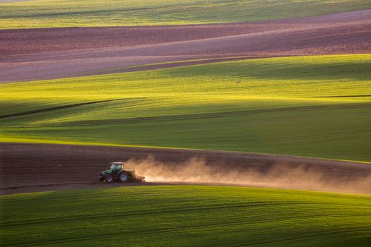 Sunset light over plowing tractor in the spring, South Moravia, Czech Republic