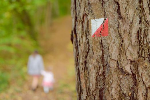 Touristic sign or mark on tree next to touristic path. Tourists in background.