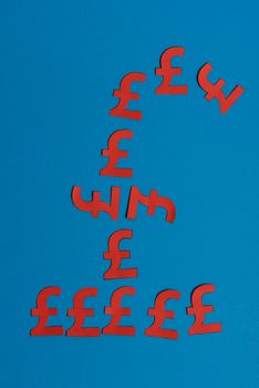 Paper yellow symbols of british pound currency on blue background. View from above with copy space
