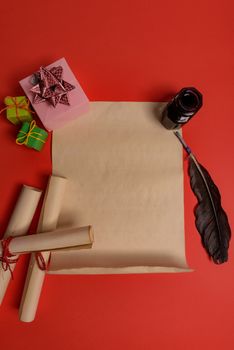 Empty letter for Santa Claus. Copy space. Red background
