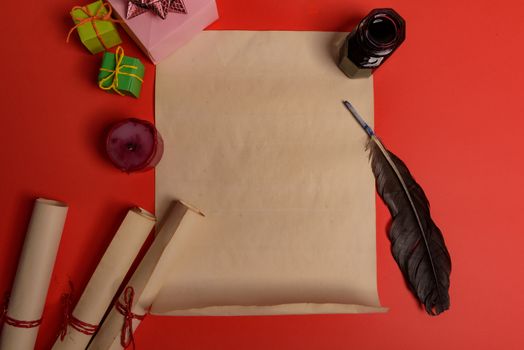 Empty letter for Santa Claus. Copy space. Red background
