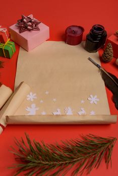 Empty letter for Santa Claus. Copy space. Red background