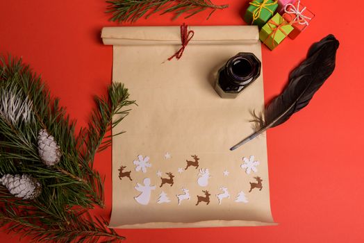 Empty letter for Santa Claus. Copy space. Red background