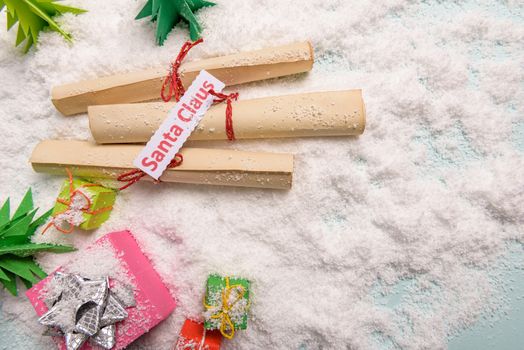 old tied up letters for Santa Claus, view from above.