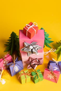 Christmas or New Year background, plain composition made of Xmas decorations and fir branches, flat lay, blank space for a greeting text.