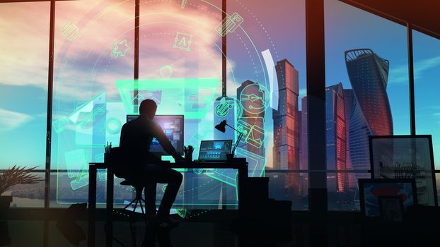 A designer works in an office with large windows, and infographics unfold in front of him in a virtual space.