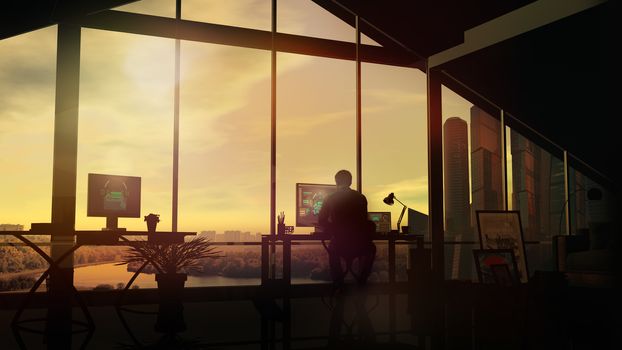 In his office with large windows, the designer works against a golden evening sky.