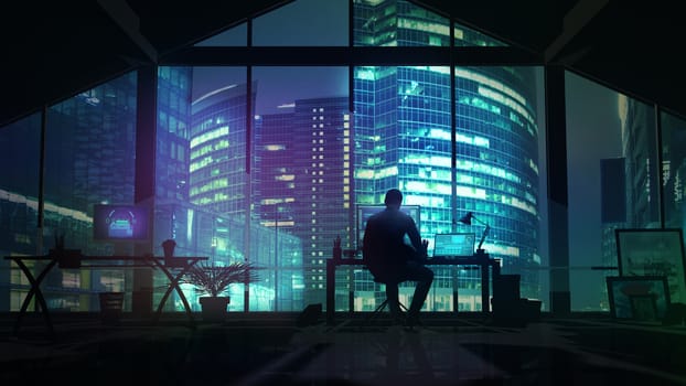 Designer works in an office with a view of the business center with night illumination.