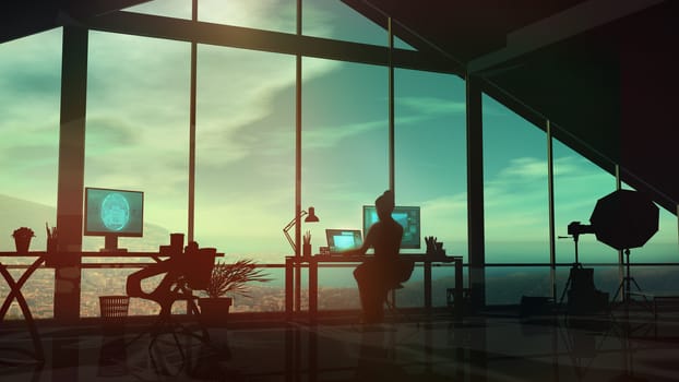 Silhouette of a woman photographer working in a studio with panoramic windows.