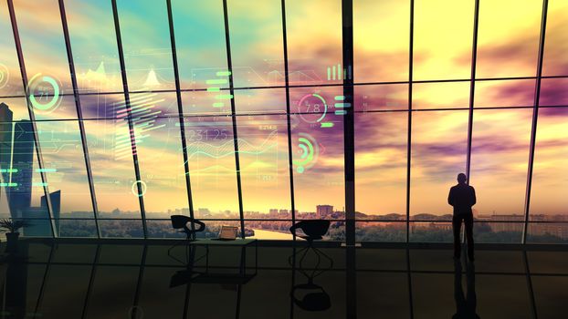 A male silhouette against the backdrop of the sunset analyzes the hologram infographic.