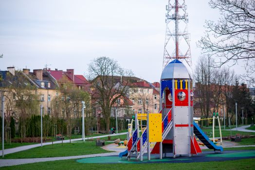 Rocket in playground. Old rocket in kindergarden