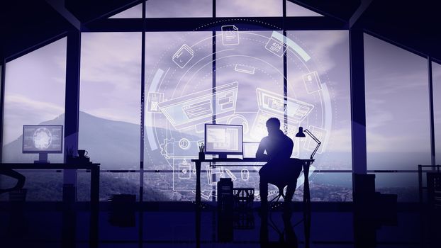 In a modern office with large windows, a silhouette of a web developer at a computer in front of a virtual interface.