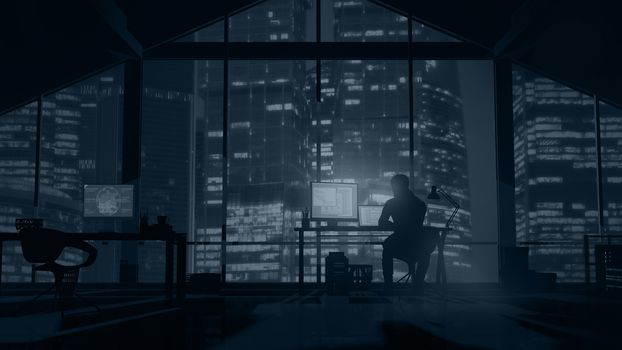 Silhouette of a web developer sitting in his office with panoramic windows on a business center.