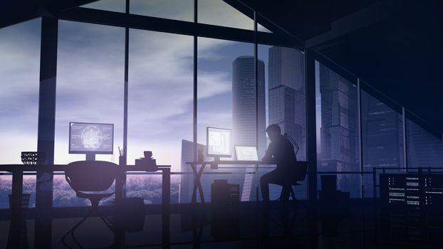 Silhouette of a web programmer sitting in his office with panoramic windows on skyscrapers.