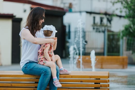 Happy mother and daughter in the park. Beauty nature scene with family outdoor lifestyle. Happy family resting together on the green grass, having fun outdoor. Happiness and harmony in family life.
