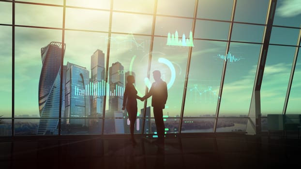 Figures of business people in a handshake against the background of a window overlooking skyscrapers and a virtual infographic.