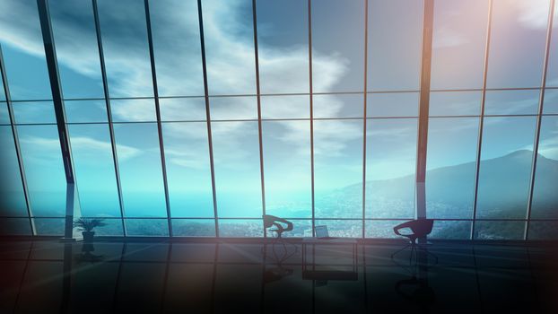 Large panoramic window in the modern office with a view of coastal landscape with a mountain.