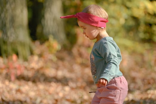 Adorable girl having fun on beautiful autumn day.