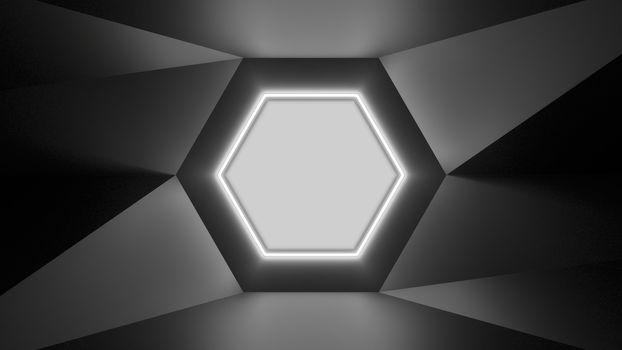 Abstract geometry lit by a neon white hexagonal lamp. Soft shadows. 3D illustration. The vanishing point of the wall geometry in the center of the image on the hex. Empty advertising space