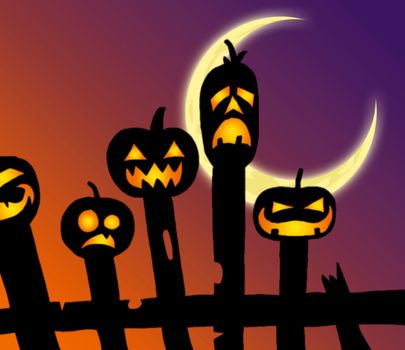 Jack-o-lanterns on fence posts with graded color background with moon