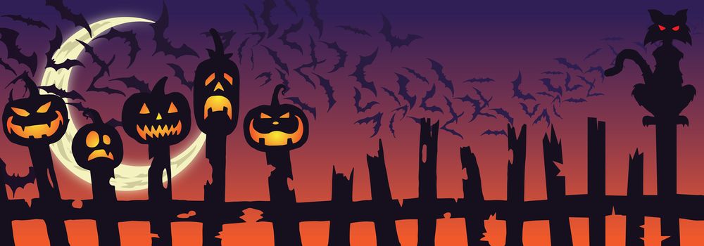 Jack-o-lanterns and cat on fence posts with scary bats in background with moon