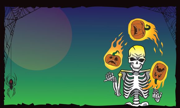 A halloween skeleton juggling flaming pumpkins orientation wide green