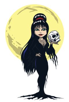 Halloween Skull Mistress holding skull with moon behind