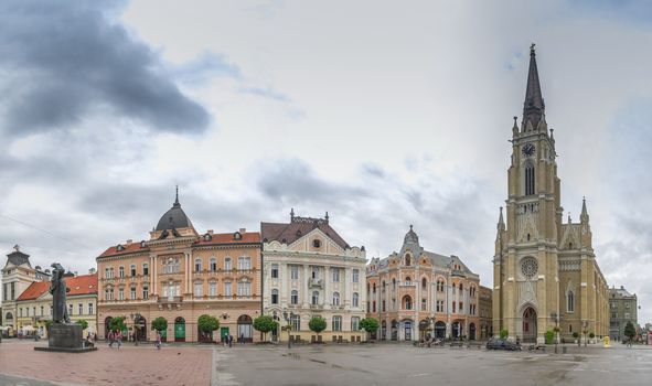 Novi Sad, Serbia - 07-18-2018. Panoramic View of the main square in Novi Sad, Serbia in a cloudy summer day