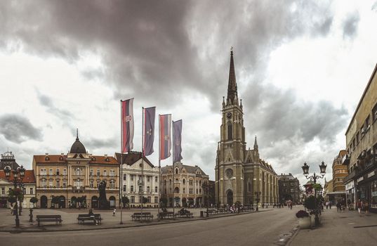 Novi Sad, Serbia - 07-18-2018. Panoramic View of the main square in Novi Sad, Serbia in a cloudy summer day