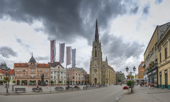 Novi Sad, Serbia - 07-18-2018. Panoramic View of the main square in Novi Sad, Serbia in a cloudy summer day