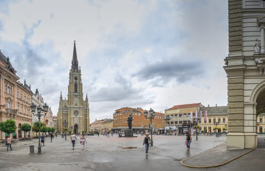 Novi Sad, Serbia - 07-18-2018. Panoramic View of the main square in Novi Sad, Serbia in a cloudy summer day